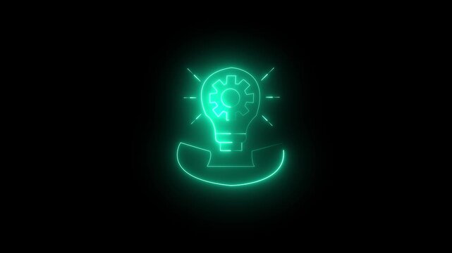 Neon glowing light bulb icon with a gear inside, representing innovation, technical support, and creative problem solving, isolated on a black background