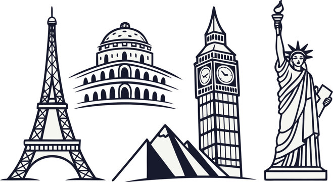 Set of famous landmarks including the eiffel tower, big ben, the statue of liberty, and egyptian pyramids in a simple line style