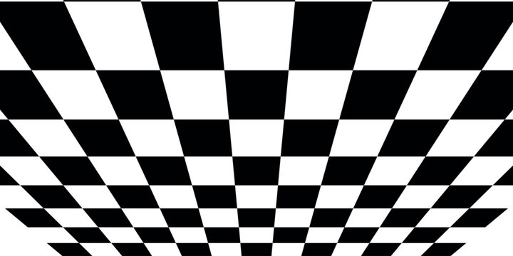 Checkerboard, chessboard, checkered plane in angle perspective. Tilted, vanishing empty floor.