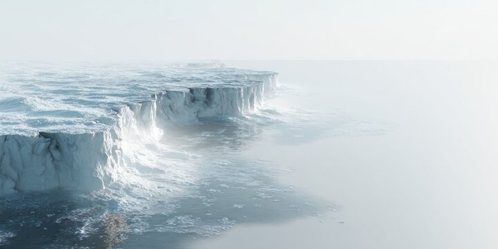 Ice cliff edge in mist cold winter landscape natural scenic view with copy space