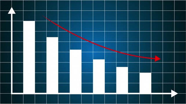 Business Animation of a Decreasing White Bar Graph and Downward Red Trend Line Arrow Indicating Financial Loss, Market Crash, and Economic Decline on a Blue Grid Background