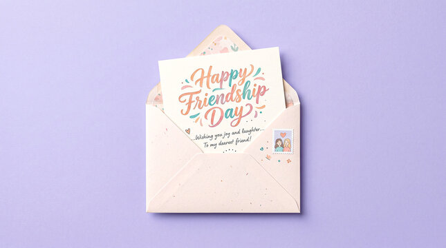 Happy Friendship Day greeting card in open pink envelope, pastel purple background with copy space, sentimental mail for best friends and celebration