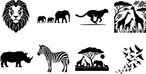 Collection of African wildlife safari animal silhouettes featuring lion, elephant, giraffe, rhino, zebra, cheetah, and savanna landscapes © SAIFUL