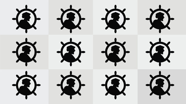 Black silhouette of a sailor's head inside a ship's steering wheel on a gray background
