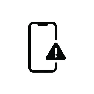 Smartphone notification icon with warning symbol a flat black silhouette on a white background alert attention black and white caution cellular