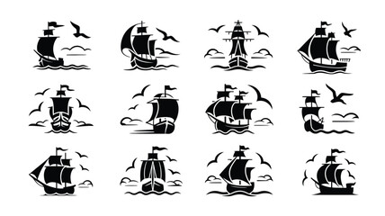 Obraz premium Sailing ships and boats on water with seagulls flying overhead in black silhouette vector icons