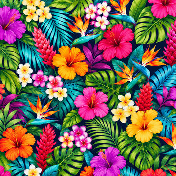 Tropical Floral Seamless Pattern &ndash; Exotic Flowers on Dark Background