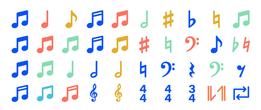 Colorful Musical Notes And Symbols On White Background.