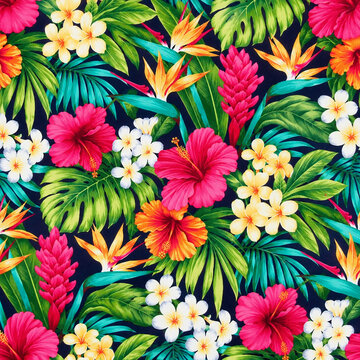 Tropical Floral Seamless Pattern &ndash; Exotic Flowers on Dark Background