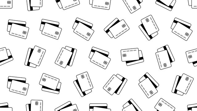 Repeating seamless background featuring widespread debit and credit payment cards on a transparent backdrop for fintech branding, contactless payment promotions, and modern banking-related graphics.