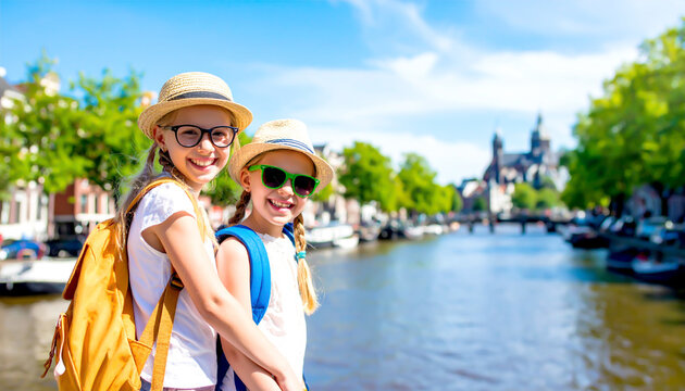 Lachende M&auml;dchen mit Rucks&auml;cken in Amsterdam