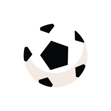 Minimalist vector icon of a soccer ball featuring a classic black pentagon pattern. Flat sports graphic element isolated on a white background.
