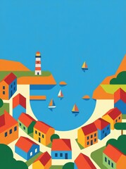 Obraz premium colorful coastal village illustration with bright houses, sailboats in bay and lighthouse on cliff. summer vacation, seaside travel concept. tourism poster, postcard design with copyspace.