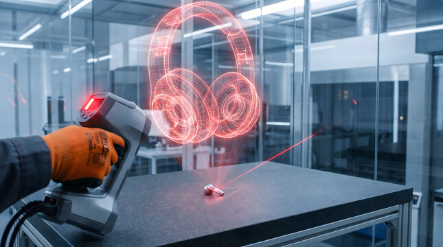 Gloved hand using laser 3d scanner on small object