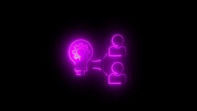 Neon glowing icon of a light bulb with a gear inside connected to two people icons, representing collaborative innovation, creative teamwork, and technical brainstorming concept.
