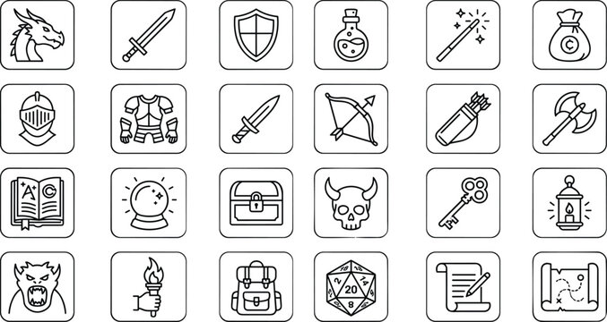Fantasy roleplaying game square button icon set including dragon sword shield potion chest and dice.
