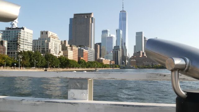 New York City Manhattan downtown financial district skyline, United States. Urban waterfront cityscape, World Trade Center skyscraper building, Hudson River Park, riverfront promenade tower viewer.
