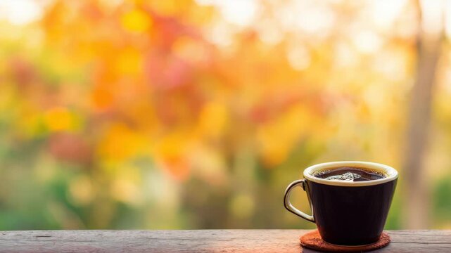 Black coffee cup on wooden table with blurred autumn leaves background, cozy morning drink concept for lifestyle and seasonal relaxation themes