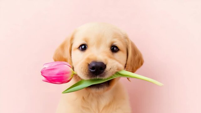 Adorable Golden Retriever Puppy Holding A Pink Tulip In Its Mouth Isolated On A Soft Pastel Pink Background For Greeting Cards Or Spring Themes