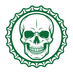 Fototapeta premium A dark green of a human skull centered inside a jagged bottle cap shape, isolated on a white background, featuring bold lines and a minimalist two-tone color scheme for stickers