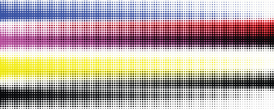 Dynamic abstract digital halftone pattern showcasing CMYK color separation for modern graphic design and printing technology concepts