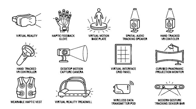 Set of virtual reality hardware icons including headset haptic glove treadmill and motion sensors.