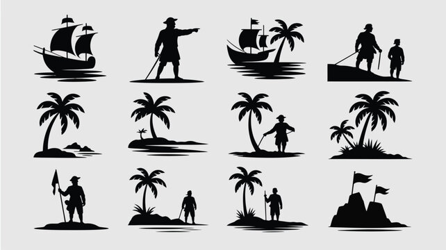 Pirate silhouettes on tropical islands with palm trees