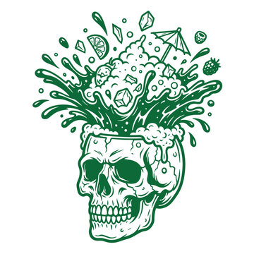 A dynamic green line of a human skull exploding with a tropical cocktail, featuring ice, fruit, and a parasol, isolated on a white background, for party and, bar concepts