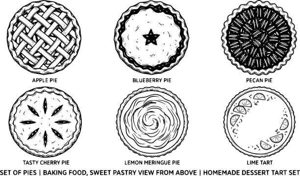 Pies top view. Baking food, delicious apple, blueberry, pecan and tasty cherry pie. Sweet pastry view from above vector illustration set. Homemade tart for dessert with lemon and lime