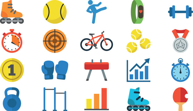 Flat Style Sports Equipment and Fitness Vector Icon Set with Balls, Roller Skates, Bicycle, Medals, and Gym Training Activity Symbols