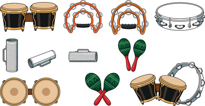 Latin Percussion Musical Instrument Vector Icon Set with Bongo Drums, Tambourines, Maracas, and Guiro Shakers for Concert and Festival Graphic Designs