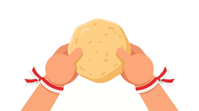 Hands holding a ball of dough with red ribbons on wrists