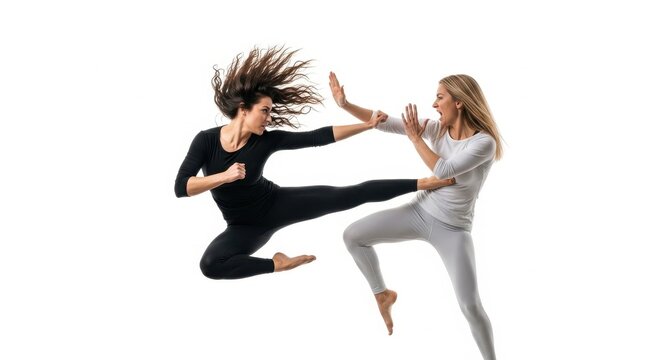 Two women practicing martial arts with dynamic poses and movements.