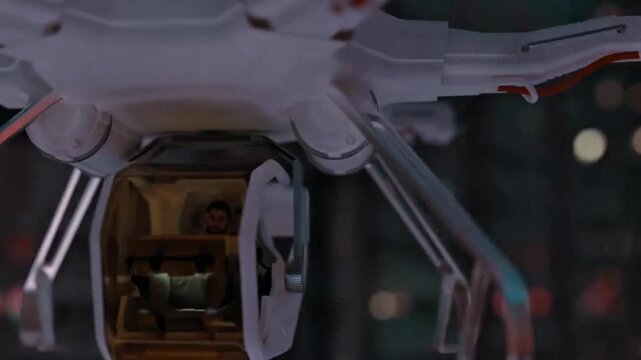 Futuristic Passenger Drone Flying Through Cyberpunk City at Night