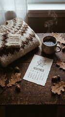 Fototapeta premium cozy autumn still life. knitted sweater, steaming coffee mug, dry oak leaves, acorns on dark wooden table. paper calendar showing november. fall seasonal aesthetic. social media post, greeting card.