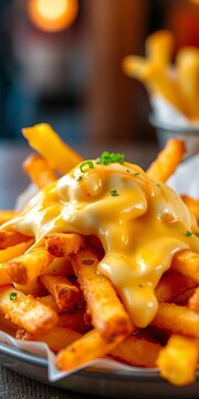 Golden brown fries topped with melted cheddar and creamy sauce, comfort-food, lunch