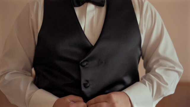 A man who is about to get married adjusts his suit before going to church.