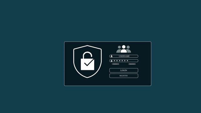 A user selects a holographic login form with password field and shield icon in a dark studio. Concept of cybersecurity authentication and data