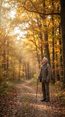 Fototapeta premium senior caucasian man with walking stick standing on path in peaceful autumn forest. elderly male looking up at bright sunlight shining through golden trees. active retirement, outdoor leisure.