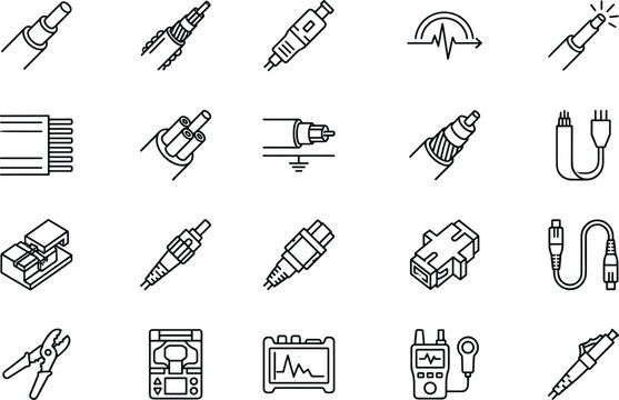 Fiber optic cable network installation and testing equipment line art icon set for telecommunication hardware.