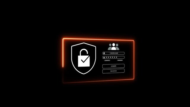 A user selects a holographic login form with password field and shield icon in a dark studio. Concept of cybersecurity authentication and data
