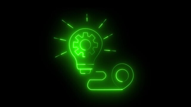 Neon green glowing light bulb icon with a gear inside and a stylized path line, representing innovation, engineering, and creative technical solutions on a black background.