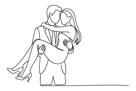 Continuous line art of a man carrying his partner bridal style with marriage continuous minimalist illustration relationship partnership togetherness valentine anniversary proposal affection