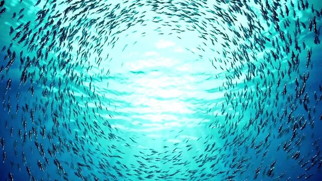 Large bait ball of fish swimming in circle in deep blue ocean