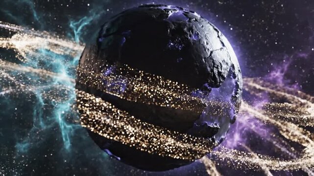 Planet earth encased in glowing cosmic rings orbits through a vibrant deep space nebula.