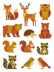 Fototapeta premium woodland animals set. cute flat forest creatures. fox, deer, owl, bear, hedgehog, squirrel, raccoon, bird. autumn wildlife nature concept. childish graphic element, nursery print design.
