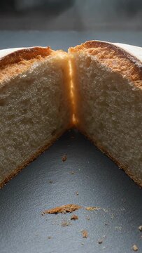 Vertical video: Pressing hands pulling open round loaf on dark tray at home, revealing crumb