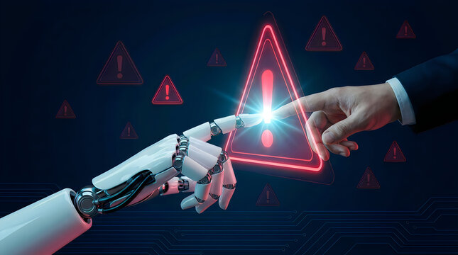 Human hand and robotic arm fingers touching glowing red warning sign with exclamation mark inside triangle as concept of artificial intelligence risks and human machine interaction.