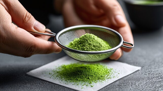 Focused shot of hands carefully sifting vibrant green powder through a fine mesh strainer onto a white paper, highlighting a precise preparation process with healthy ingredients