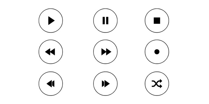 Media Control Icons Arranged in a 3x3 Grid with Various Playback Symbols Featuring Circle, Button, Play with Pause and Stop